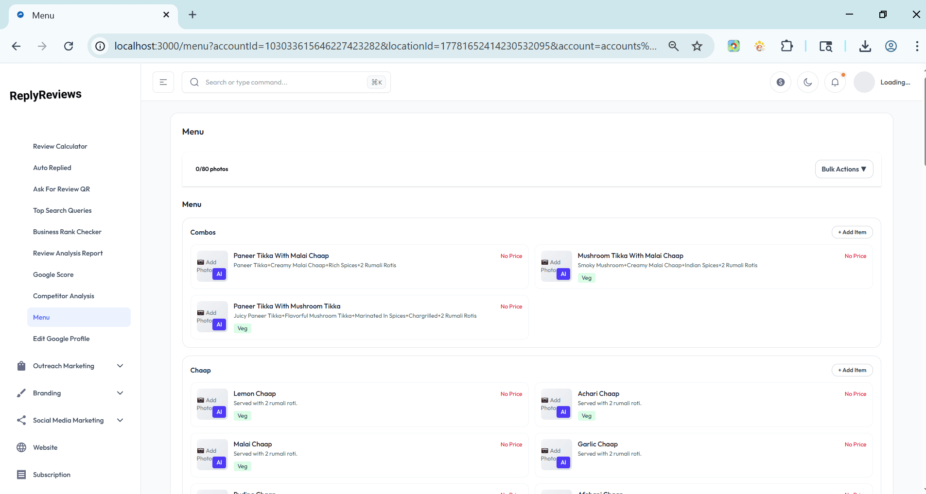 Google Business Profile menu updater